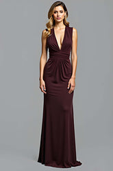 Sheath Cabernet Sleeveless Deep V-Neck Long Formal Dress