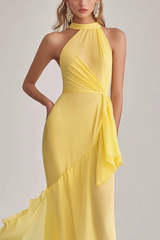 Sheath Chiffon Light Yellow Halter Neck Long Formal Dress
