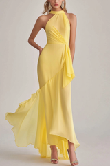 Sheath Chiffon Light Yellow Halter Neck Long Formal Dress