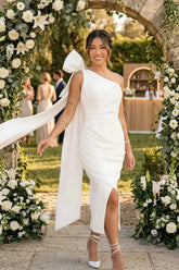 Sheath Column One Shoulder Sleeveless Ankle Length Elastic Satin Wedding Dress with Bow and Side Drape