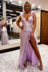 Sheath Deep V Neck Light Pink Prom Dress Sequined Long Evening Dress with Feathers