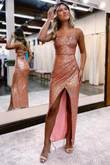 Sheath Halter Blue Prom Dress Sequined Evening Dress with Silt