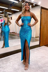 Sheath Halter Blue Prom Dress Sequined Evening Dress with Silt
