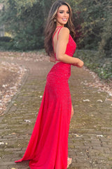 Sheath One Shoulder Red Prom Dress Long Evening Dress with Beadings