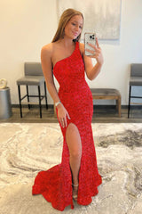 Sheath One Shoulder Red Prom Dress Sequined Evening Dress with Slit