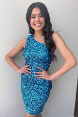 Sheath One Shoulder Royal Blue Homecoming Dress Sequin Short Cocktail Dresses