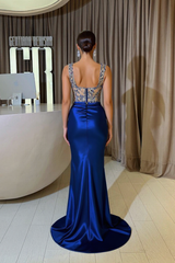 Sheath Royal Blue Square Neck Satin Formal Dress with Slit