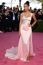 Sheath Satin Backless Blush Long Gala Dress With Slit