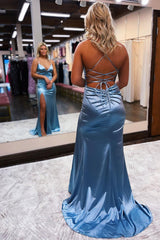 Sheath Spaghetti Straps Blue Prom Dress Long Evening Dress with Silt