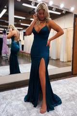 Sheath Spaghetti Straps Blue Prom Dress Long Evening Dress with Silt