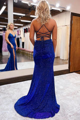Sheath Spaghetti Straps Blue Prom Dress Sequined Long Evening Dress with Silt