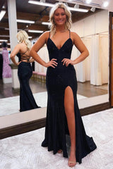 Sheath Spaghetti Straps Blue Prom Dress Sequined Long Evening Dress with Silt
