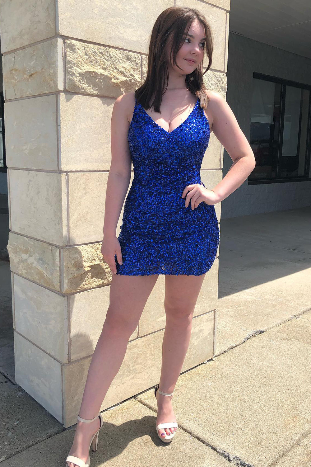 Sheath Spaghetti Straps Royal Blue Homecoming Dress Sequin Short Cocktail Dress
