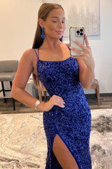 Sheath Spaghetti Straps Royal Blue Prom Dress Sequined Long Evening Dress with Split Front