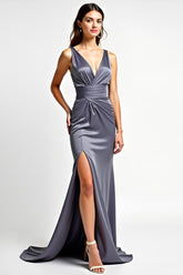 Sheath Steel Grey Deep V-Neck Long Formal Dress With Slit