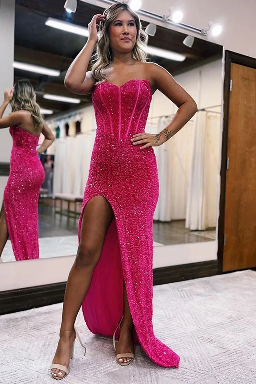 Sheath Sweetheart Fuchsia Prom Dress Sequined Floor Length Evening Dress with Split Front