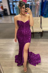 Sheath Sweetheart Grape Prom Dress Sequined Floor Length Evening Dress with Split Front