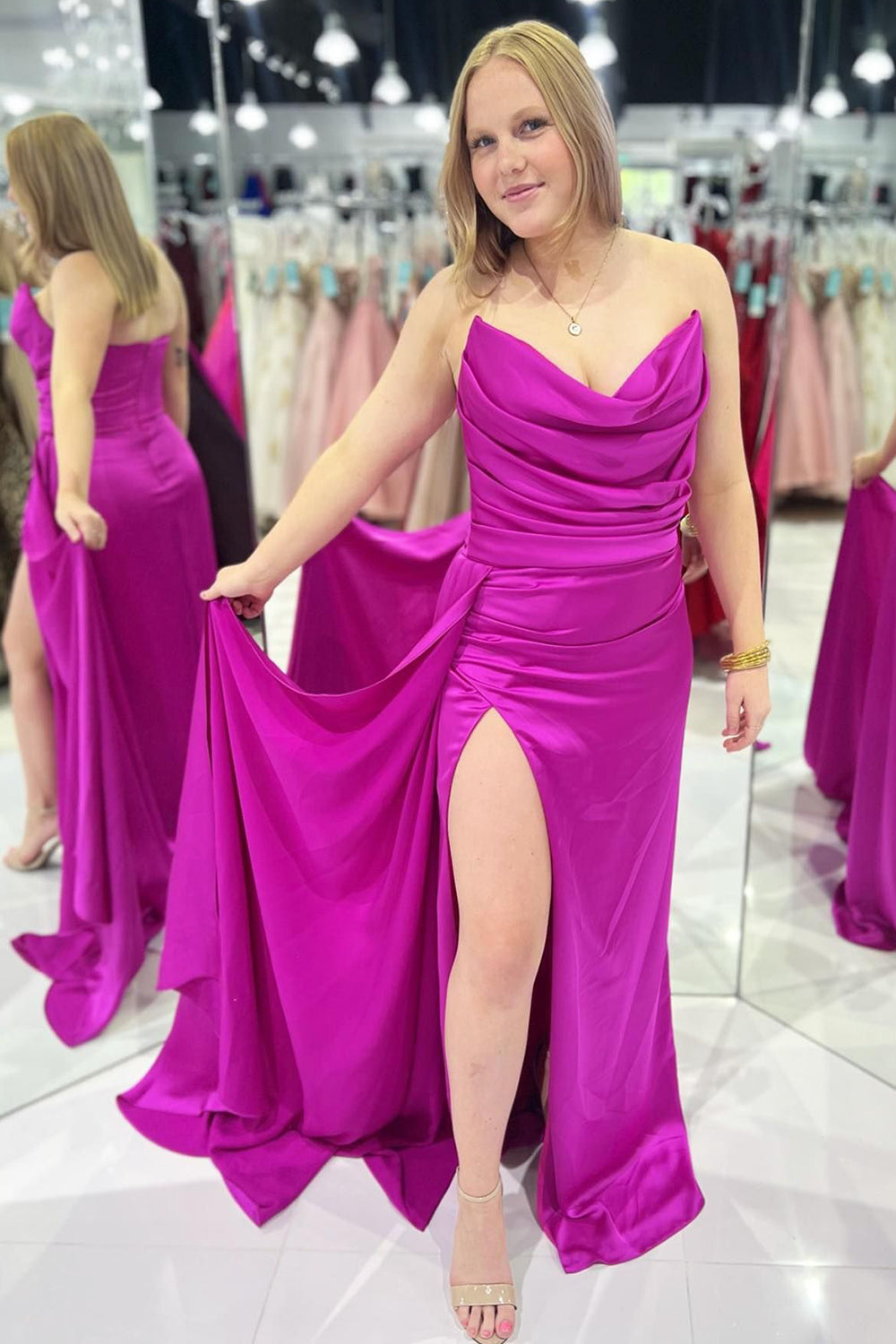Sheath Sweetheart Hot Pink Prom Dress Long Evening Dress with Split Front