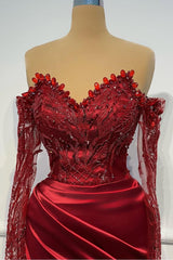 Sheath/Column Prom Dress Long Sleeve Off the Shoulder Beaded Formal Dress