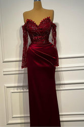Sheath/Column Prom Dress Long Sleeve Off the Shoulder Beaded Formal Dress