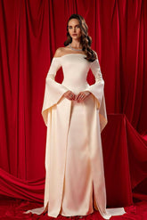 Sheath/Column Prom Dress Long Sleeve Off the Shoulder Satin Formal Dress