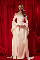 Sheath/Column Prom Dress Long Sleeve Off the Shoulder Satin Formal Dress
