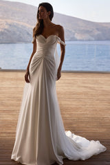 Sheath/Column Wedding Dress Satin Solid Off the Shoulder Bridal Gown