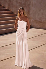 Sheath/Column Wedding Dress Sleeveless Strapless Satin Formal Dress With 3D Flowers