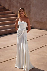 Sheath/Column Wedding Dress Sleeveless Strapless Satin Formal Dress With 3D Flowers