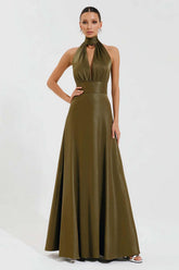 Shimmer satin A-line prom dress with high neck keyhole halter and floor-length skirt, full front view