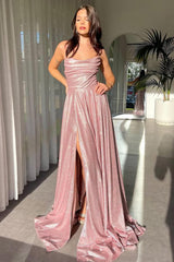 Shimmering Silver Cowl Neck A-Line Prom Dress With Spaghetti Straps And High Leg Slit Formal Evening Gown