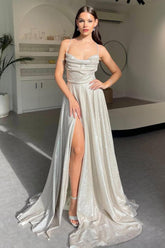 Shimmering Silver Cowl Neck A-Line Prom Dress With Spaghetti Straps And High Leg Slit Formal Evening Gown