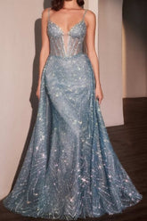 Shining Dusty Blue Prom Dress Sequined Spagheetti Straps Evening Dress with Detachable Train