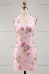 Pink Halter Floral Beaded Backless Tight Short Homecoming Dress