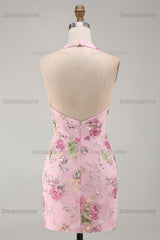 Pink Halter Floral Beaded Backless Tight Short Homecoming Dress