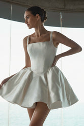 Short Wedding Dress Square Neck Satin Ball Gown Bridal Gown