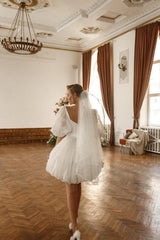Short White Wedding Dress Off The Shoulder Tulle Glitter Bridal Gown With Sleeves