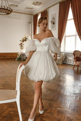 Short White Wedding Dress Off The Shoulder Tulle Glitter Bridal Gown With Sleeves