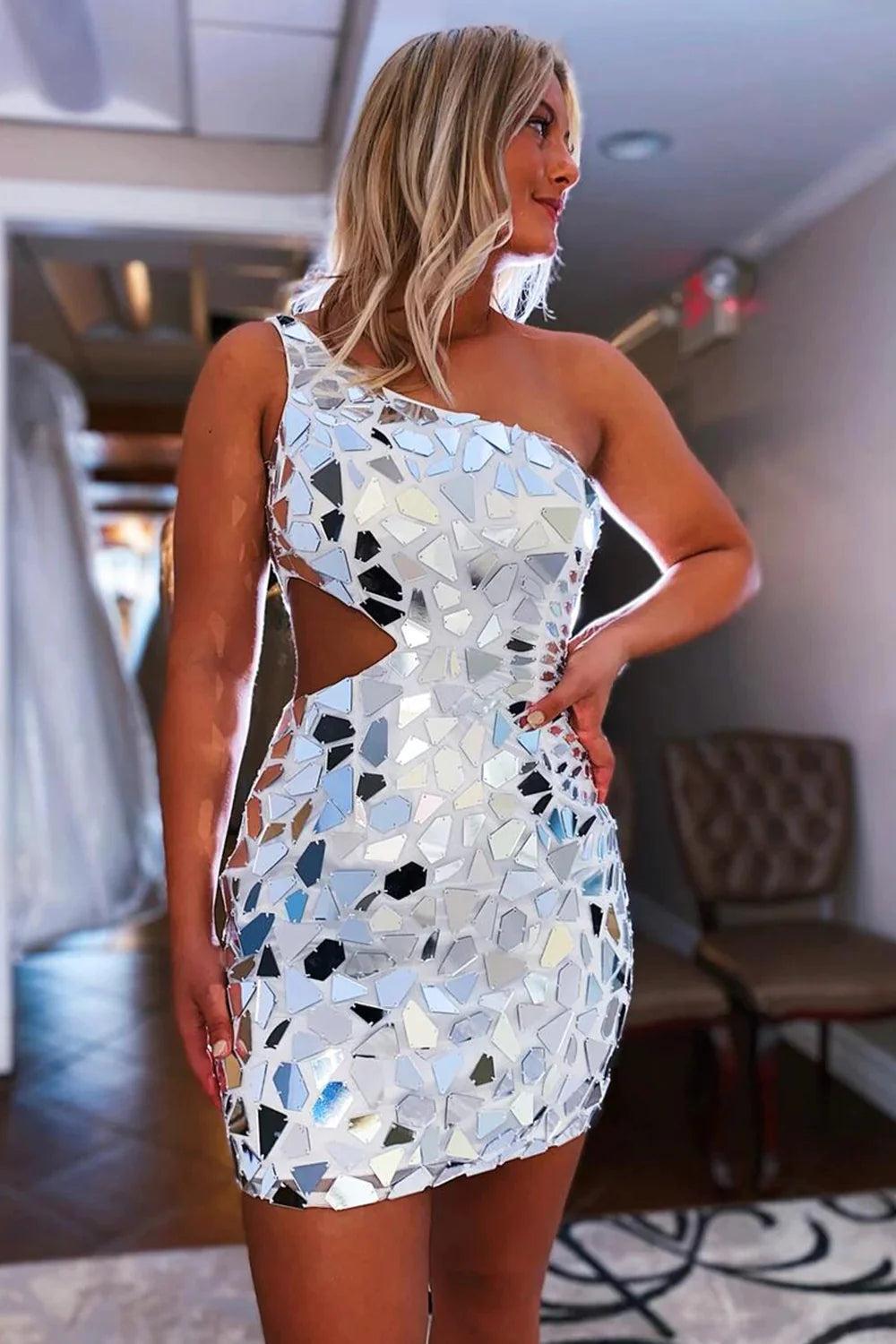 Silver Homecoming Dress Sequin Cut Out Tight Short Cocktail Dresses