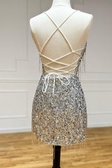 Silver Homecoming Dress Sequin Fringed Tight Short Prom Dress