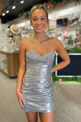Silver Homecoming Dress Strapless Tight Short Prom Dress with Beadings