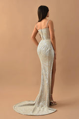 Silver Mermaid Prom Dress Sleeveless Spaghetti Straps Sequined Formal Dress