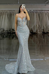 Silver Mermaid Prom Dress Sleeveless Spaghetti Straps Sequined Formal Dress