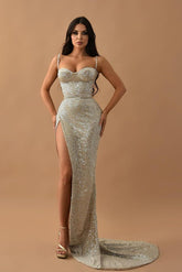 Silver Mermaid Prom Dress Sleeveless Spaghetti Straps Sequined Formal Dress