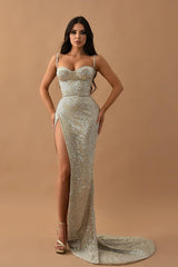 Silver Mermaid Prom Dress Sleeveless Spaghetti Straps Sequined Formal Dress