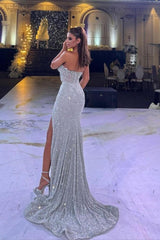 Silver Mermaid Prom Dress Sleeveless Sweetheart Sequined Formal Dress