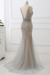 Silver Mermaid Prom Dress Sleeveless V Neck Beaded Formal Dress