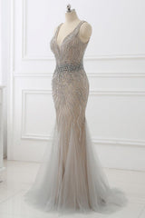 Silver Mermaid Prom Dress Sleeveless V Neck Beaded Formal Dress