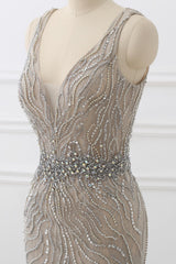 Silver Mermaid Prom Dress Sleeveless V Neck Beaded Formal Dress