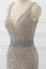 Silver Mermaid Prom Dress Sleeveless V Neck Beaded Formal Dress